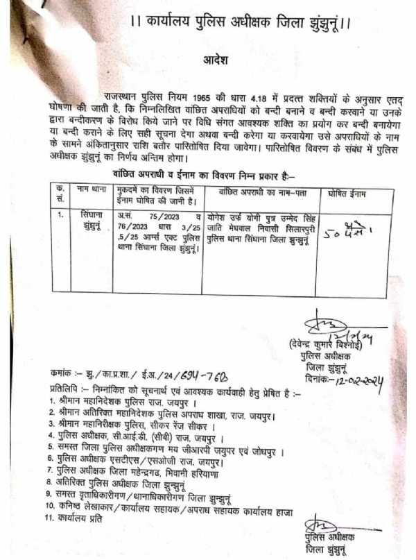 झुंझुनू पुलिस ने अपराधी पर रखा 50 पैसे का इनाम