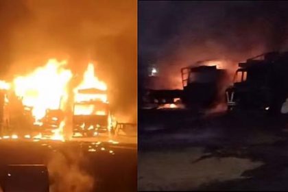 नालासोपारा के पार्किंग में अचानक आग लगने से 6 ट्रक जलकर खाक