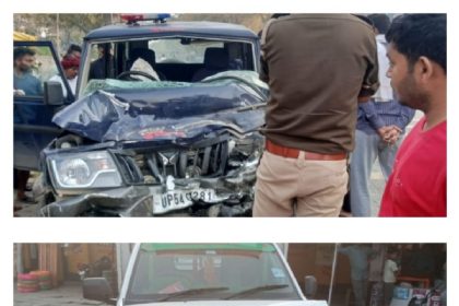चंदौली में सड़क हादसा, पुलिस स्कार्ट वैन के परखच्चे उड़े,पॉच पुलिस कर्मी जख्मी
