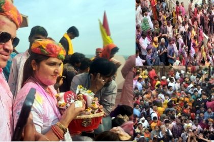 लठमार होली से पूर्व लड्डू होली में जमकर बरसा लड्डुओं संग गुलाल